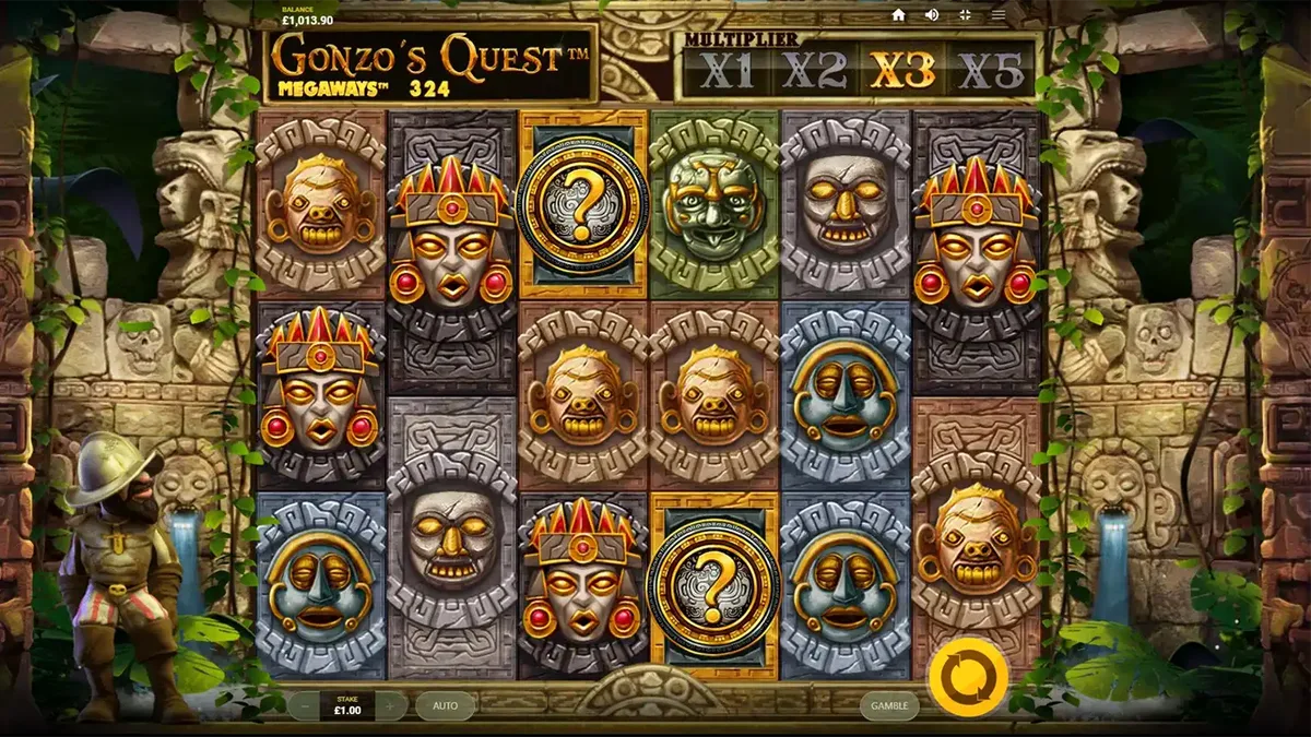 Gonzo's Quest Megaways slot visual style featuring Mayan ruins and golden masks