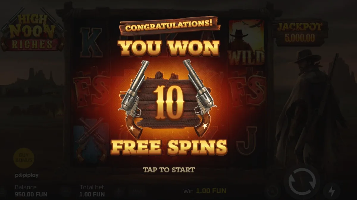 Cenário de deserto e duelo do slot High Noon Riches