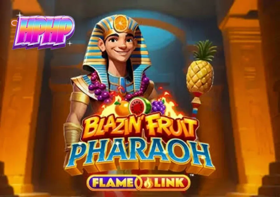 Interface do slot Blazin’ Fruit Pharaoh FlameLink™ com tema egípcio e frutas clássicas